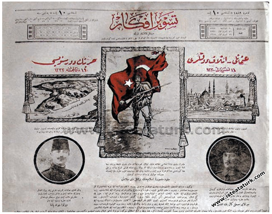 Mustafa Kemal'in basında çıkan ilk resminin olduğu, Tesvir-i Efkar Gazetesi'nin baş sayfası.