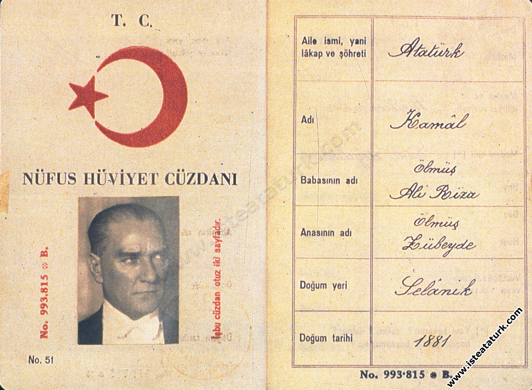 Mustafa Kemal Atatürk'ün Nüfus Hüviyet Cüzdanı. (24.11.1934)