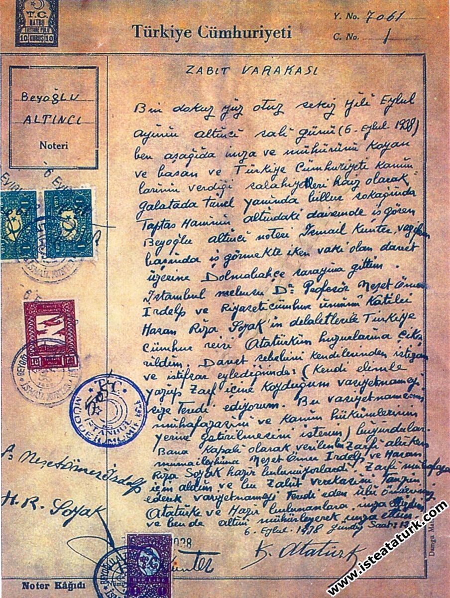 Ulu Önder Atatürk'ün Vasiyetinin noter tutanağı. (6 Eylül 1938)