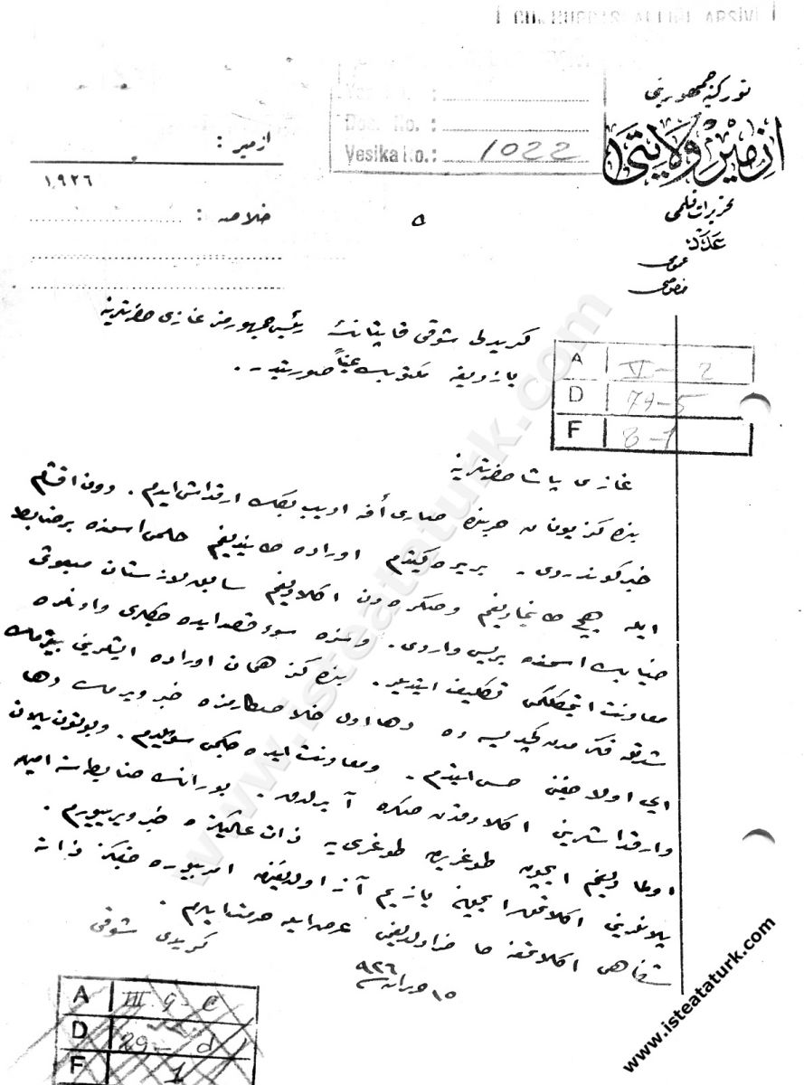 Giritli Şevki'nin Mustafa Kemal Paşa'ya suikast yapılacağını bildiren mektubu, 15 Haziran 1926