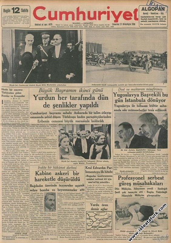 31 Ekim 1936 tarihli Cumhuriyet Gazetesi
