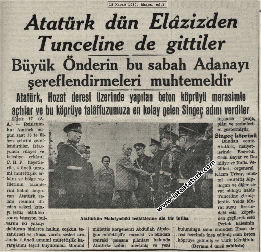 Akşam Gazetesi, 18 Kasım 1937