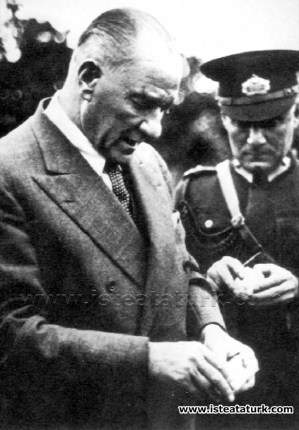Atatürk narenciye bahçesinde portakal yerken. (19 Kasım 1937)