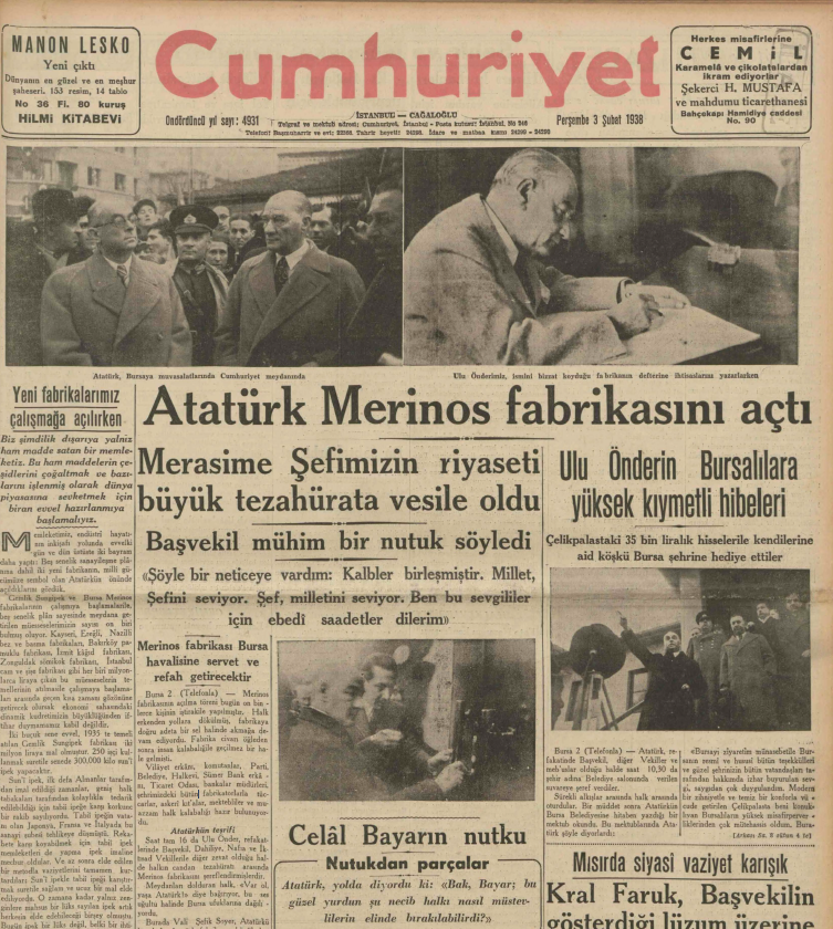 3 Şubat 1938 tarihli Cumhuriyet Gazetesi 