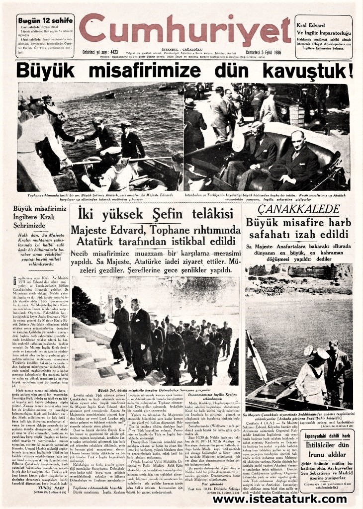 5 Eylül 1936 tarihli Cumhuriyet Gazetesi