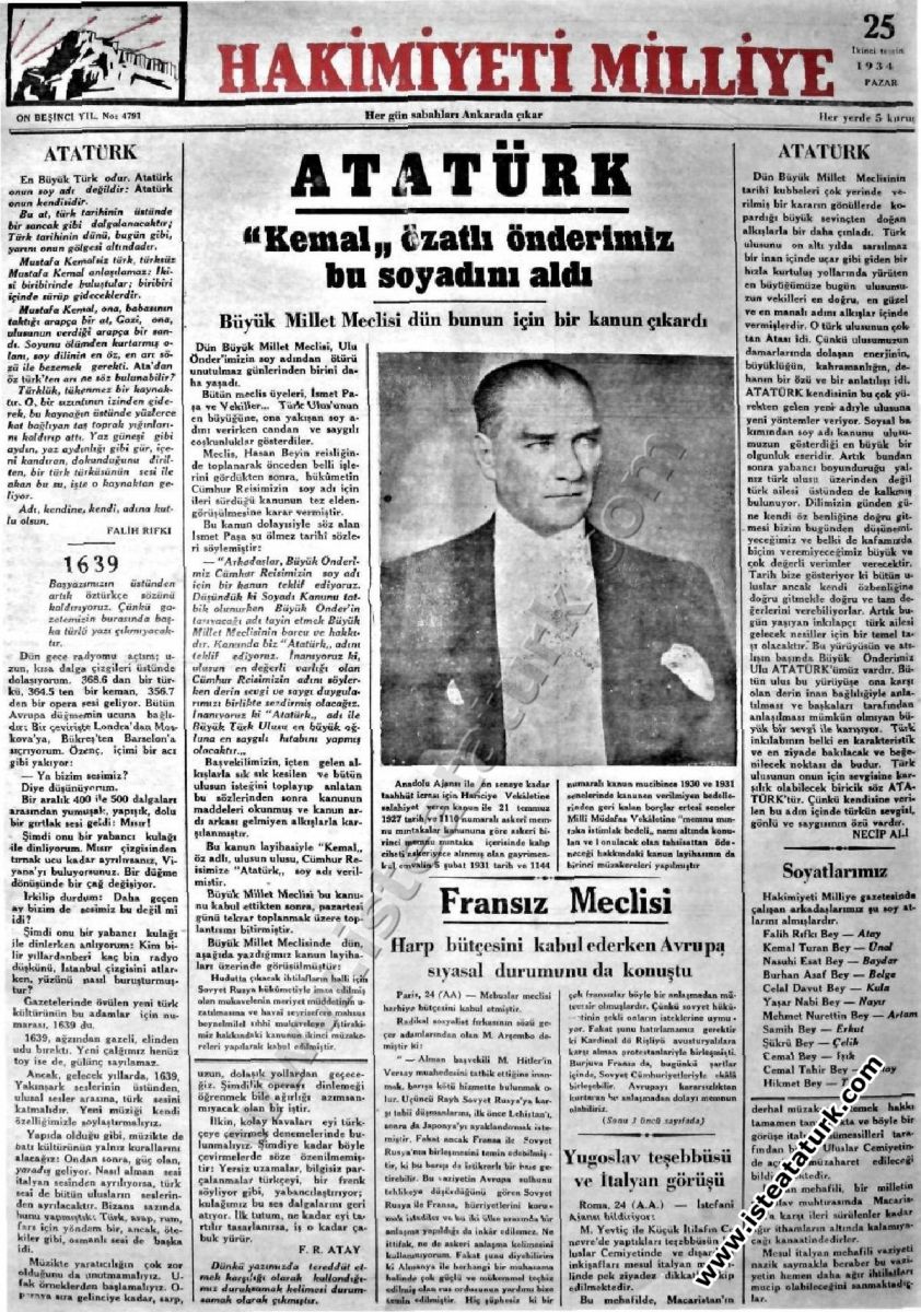 25 Temmuz 1934 tarihli Hakimiyeti Milliye Gazetesi.
