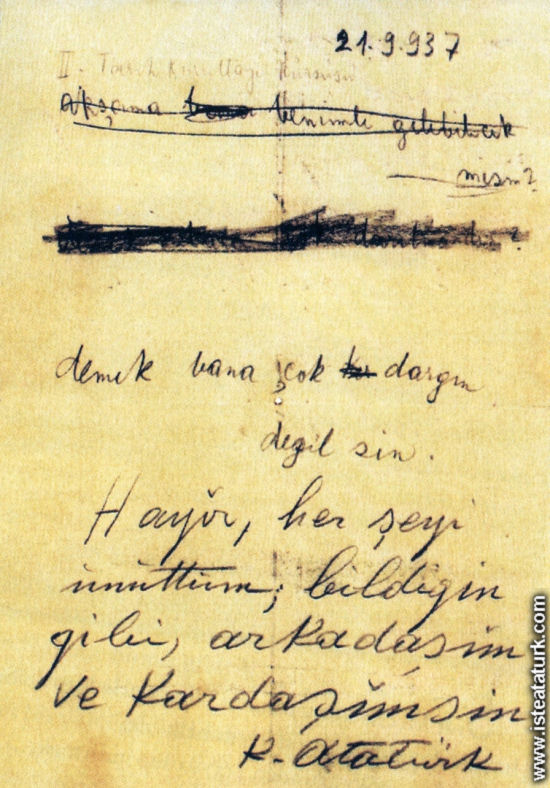 Atatürk'ün İsmet İnönü'ye yazdığı not. (21 Eylül 1937)