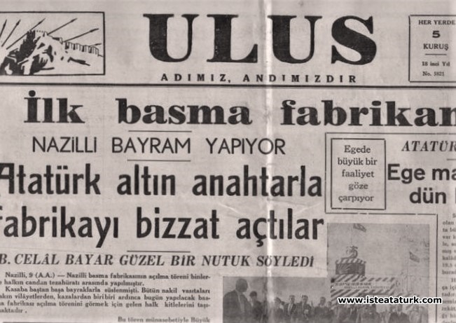 Ulus Gazetesi'nde Sümerbank Nazilli Tekstil Kombinası'nın açılış haberi. (10 Ekim 1937)